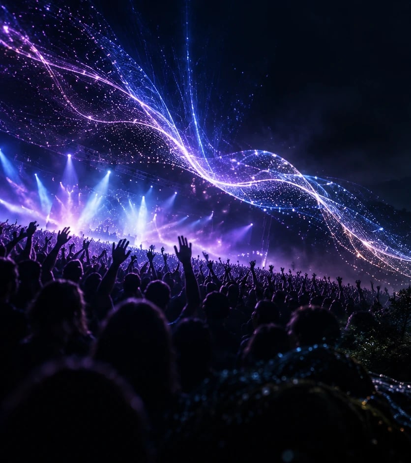 A crowd with raised hands beneath streams of violet and blue light