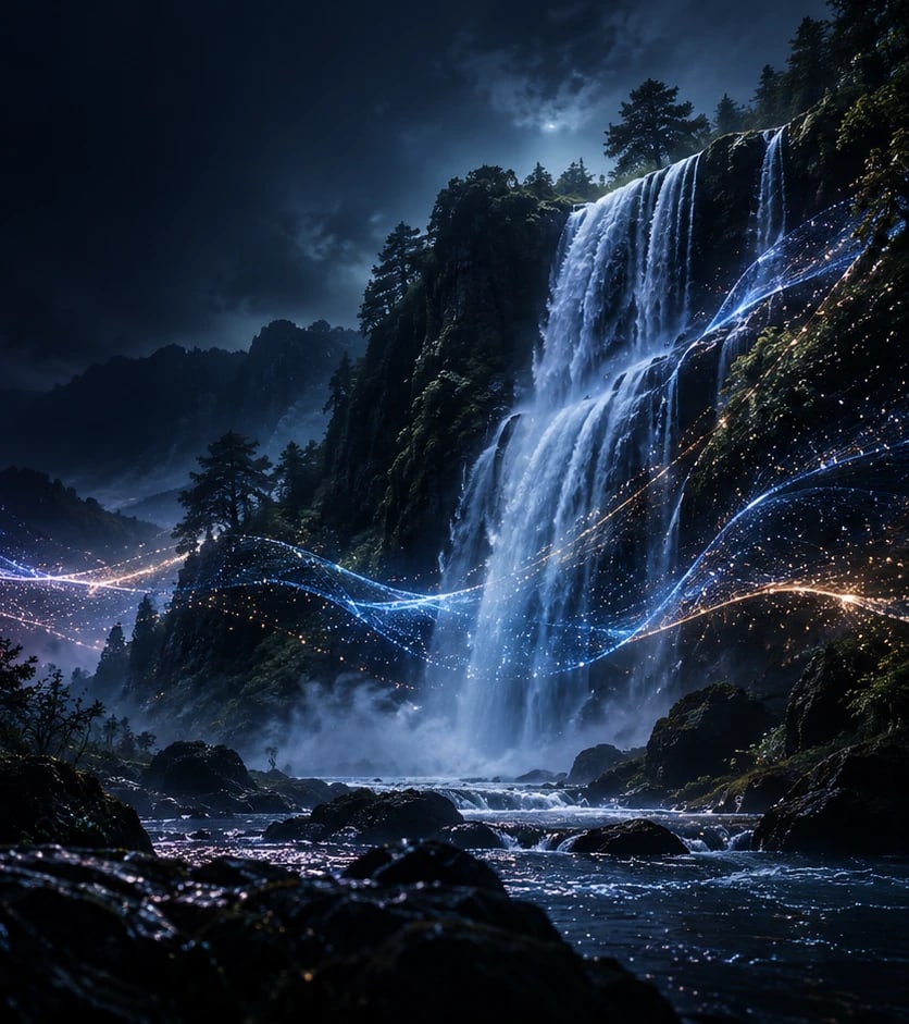 A waterfall at night traced by threads of blue and gold light