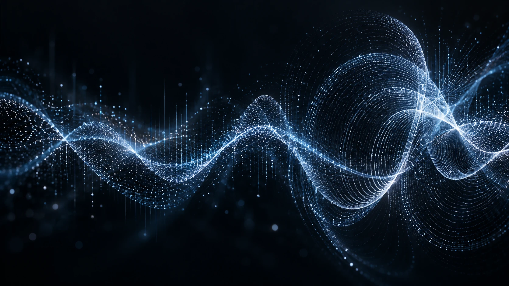 A waveform of fine blue particles unfolding into concentric rings
